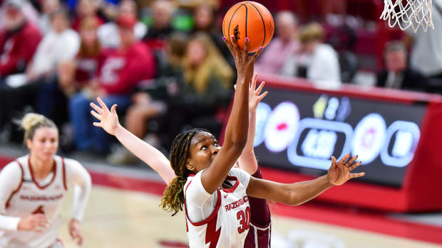 Razorbacks Marayam Dauda puts up a shot against Little rock on Tuesday night